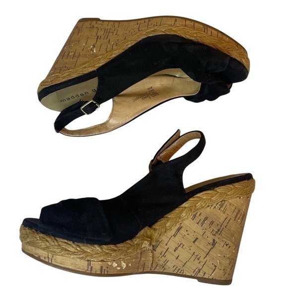 Madden Girl Elivia Black Cork Wedge Peep Toe Sandal Bow Slingback Women's Size 8 - Picture 5 of 7